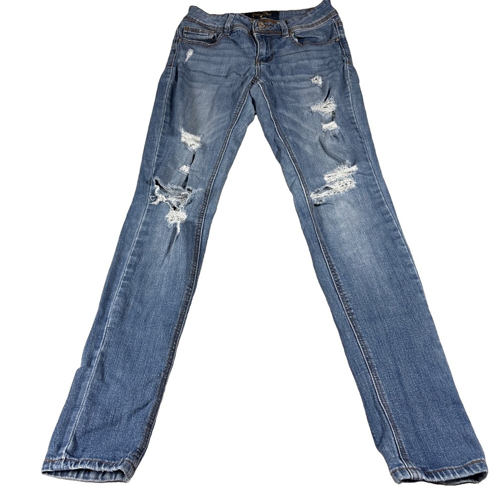 Indigo Rein Jeans Juniors Size 5 Stretchy Skinny Distressed Blue Button Down
